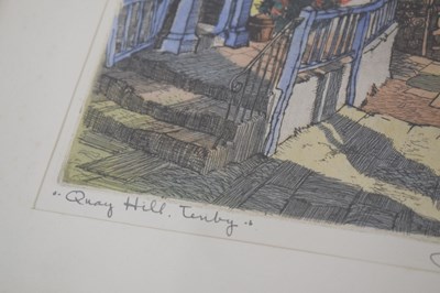 Lot 594 - James Priddy (1916-1980) - Coloured etching - Quay Hill Tenby