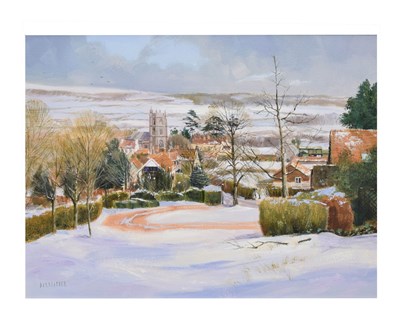 Lot 597 - Michael Barnfather (b. 1934) - Oil on canvas - 'Winter Snow, Long Ashton'