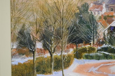 Lot 597 - Michael Barnfather (b. 1934) - Oil on canvas - 'Winter Snow, Long Ashton'