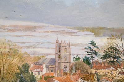 Lot 597 - Michael Barnfather (b. 1934) - Oil on canvas - 'Winter Snow, Long Ashton'