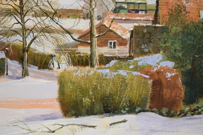 Lot 597 - Michael Barnfather (b. 1934) - Oil on canvas - 'Winter Snow, Long Ashton'