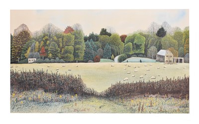 Lot 641 - John Cahill (British, 20th century) - Watercolour - 'Sheep and the Autumn Trees'