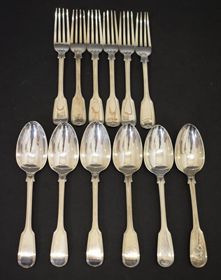 Lot 267 - Matched set of six silver Fiddle Thread pattern dessert spoons and dessert forks