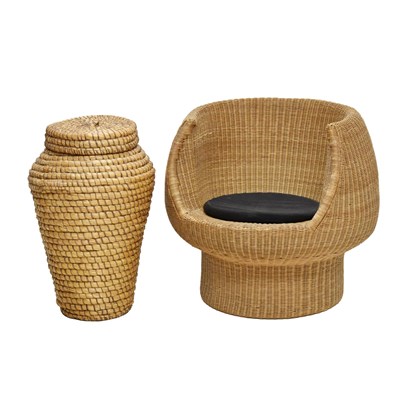 Lot 686 - 1970s rattan armchair, together with a 'Ali Baba' box / basket