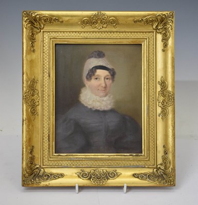 Lot 642 - 19th century English School portrait on tin of an elderly lady