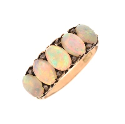 Lot 18 - 19th century opal and diamond five stone 18ct yellow gold ring