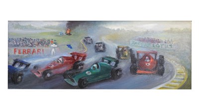 Lot 528 - Kenneth (Ken) Leech, (1910-1995) - Oil on plyboard - 'Motor Racing is Dangerous'