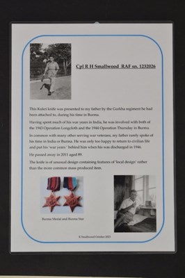Lot 129 - Burma Medal and Burma Star medal awarded to CPL R H Smallwood and Kukri