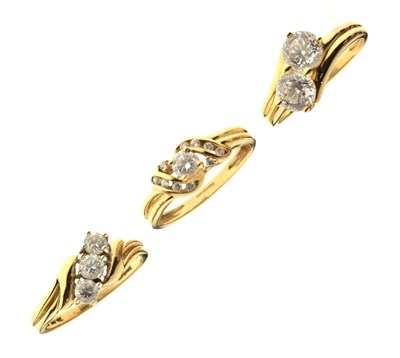 Lot 65 - Three cubic zirconia set 14ct gold dress rings