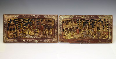 Lot Pair of Chinese late Qing dynasty carved wooden relief panels