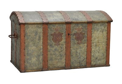 Lot 455 - Dated 18th century Scandinavian (probably Norwegian) painted dome-topped trunk