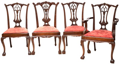 Lot 464 - Set of six (4 + 2 arm) Chippendale revival dining chairs