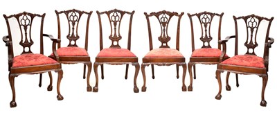 Lot 648 - Set of six (4 + 2 arm) Chippendale revival dining chairs