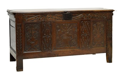 Lot 641 - William & Mary carved oak coffer c.1700, thistles and tulips