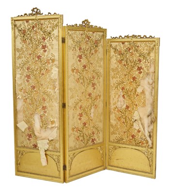 Lot 732 - Circa 1900 giltwood threefold screen