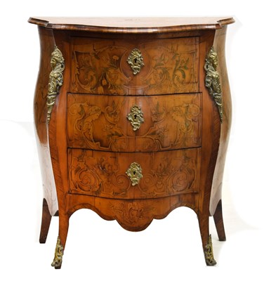 Lot 493 - 18th century Italian marquetry, crossbanded and gilt metal mounted serpentine bombe chest