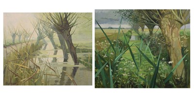 Lot 369 - Cecile Crombeke (1921-2002), two oils on board - Studies of the Somerset Levels