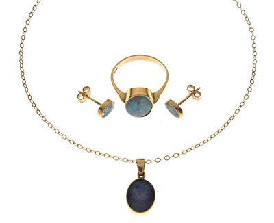 Lot 132 - Black opal triplet 9ct gold ring, necklace and earrings