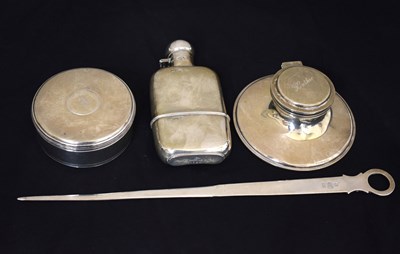 Lot 197 - George V silver hip flask, a George III Irish silver meat skewer, etc