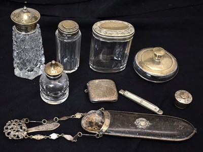 Lot 198 - Collection of silver topped dressing jars, Georgian silver bladed fruit knife, etc