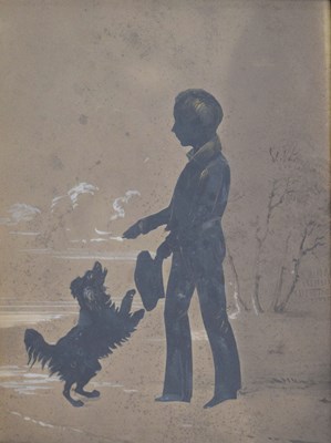 Lot 609 - 19th century painted silhouette of a young boy and dog