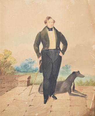 Lot 610 - Victorian English School - Watercolour - Gentleman and hound on a terrace