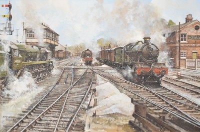 Lot 636 - Bernard Jones GRA (British, 20th century) - Oil on canvas - Steam trains on approach