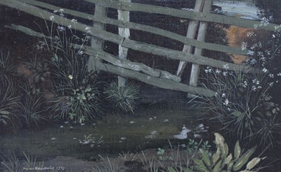 Lot 634 - Peter Newcombe (b. 1943) - Oil on canvas laid on board - 'Fence over Fishers Brook'