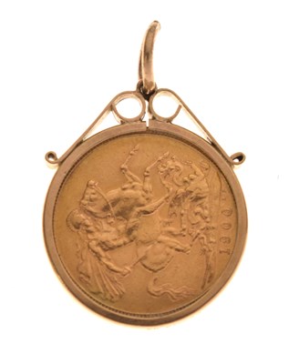 Lot 291 - Queen Victoria gold sovereign, 1900, in a 9ct gold pendant mount