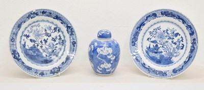 Lot 561 - Chinese blue and white prunus jar and cover, plus two Nanking plates