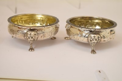 Lot 112 - Matched set of four silver salts each standing on three mask and paw feet