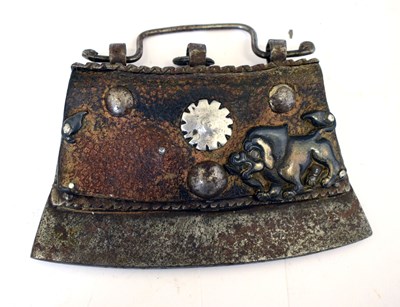 Lot 577 - Tibetan iron and leather flint / tinder pouch