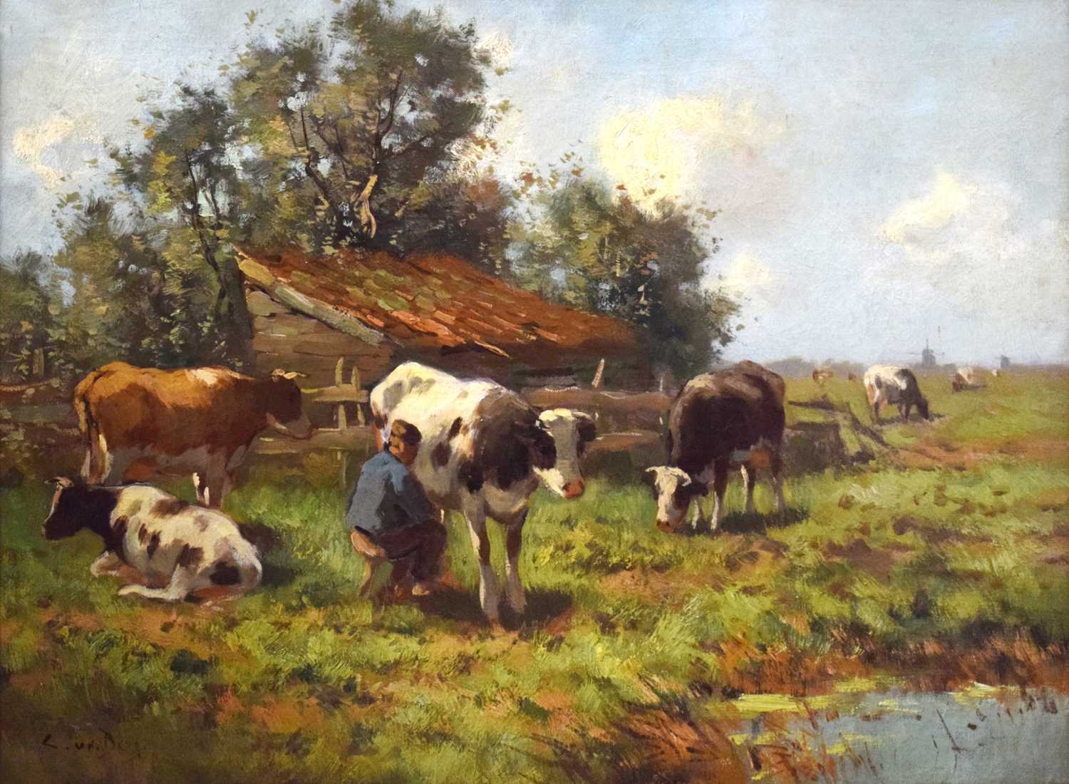 Lot 314 - Circle of Simon Van Den Berg (Dutch, 1812-1891)- Oil on canvas - Landscape with cattle