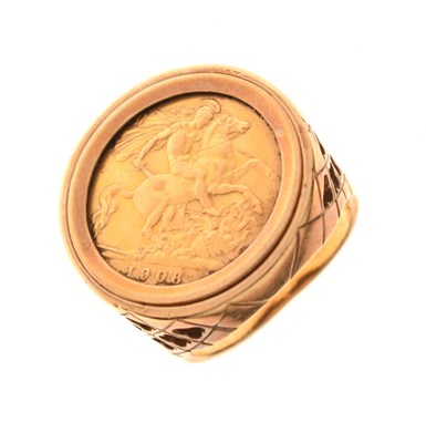 Lot 294 - Edward VII gold half sovereign, 1908, in 9ct gold ring setting