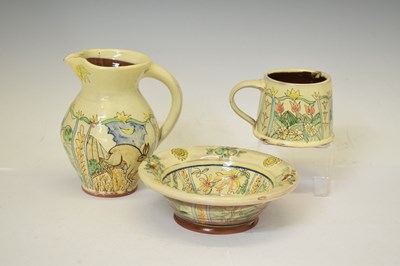 Lot 395 - Maureen Minchin (b.1954) - Earthenware jug, together with a bowl, and a mug