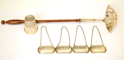 Lot 208 - Elizabeth II silver thimble tot, an Elizabeth II toddy ladle, and four silver decanter labels