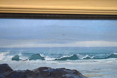 Lot 370 - Sheila Macleod Robertson RSMA (British, 1927-2020) - Oil on board - Coast scene