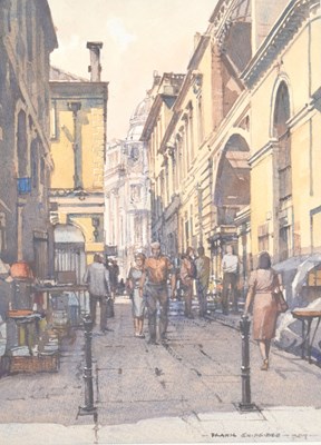 Lot 628 - Frank Shipsides (1908-2005) - Watercolour - 'Exchange Avenue from St Nicholas Street'