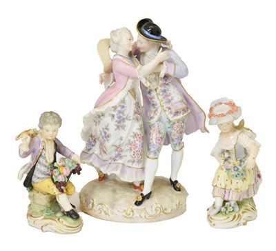 Lot 533 - Pair of Meissen style porcelain figures, together with a Choisy-le-Roy figural group