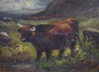 Lot 579 - English School - Oil on artist board - Highland cattle watering