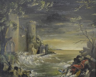 Lot 608 - 20th century oil on board - Stormy cove with castle and shipwrecked boat