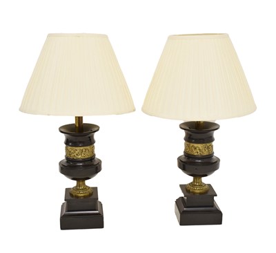 Lot 378 - Pair of black marble table lamps in the 19th century Grand Tour manner