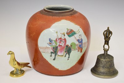 Lot 538 - Chinese ginger jar, Tibetan bell, Indian pigeon (3)