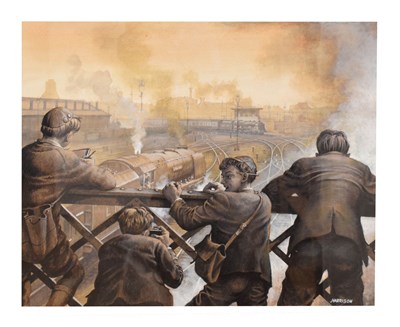 Lot 549 - John Harrison GRA (British, 20th century) - Watercolour - 'Spotters' Paradise Crewe Footbridge'