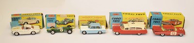 Lot 428 - Corgi Toys - Four boxed diecast model vehicles and Dinky Toys Triumph