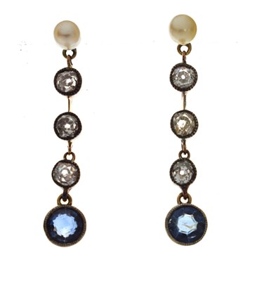 Lot 34 - Pair of late 19th / early 20th century sapphire, diamond, yellow and white metal drop earrings