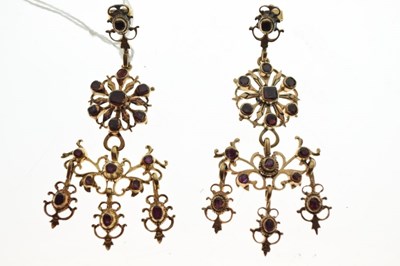 Lot 85 - Pair of Victorian yellow metal earrings set garnets