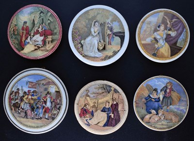 Lot 494 - Six 19th century Pratt ware pot lids Lady and Hawk, Eastern Repast, etc