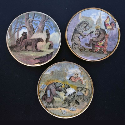 Lot 495 - Three 19th century Pratt ware pot lids Bears on a Rock, Bears at School, and Bear, Lion & Cock