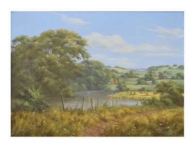 Lot 572 - Lesley Hammett (British, contemporary) - Oil on canvas - Country landscape